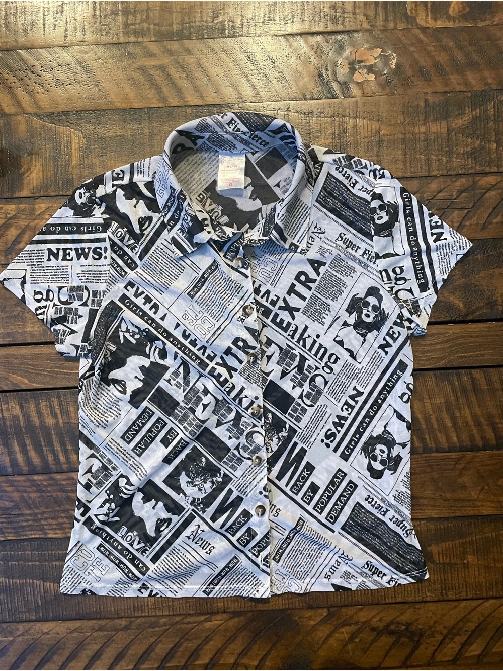 Black & White Newspaper Print Short-Sleeve Blouse
